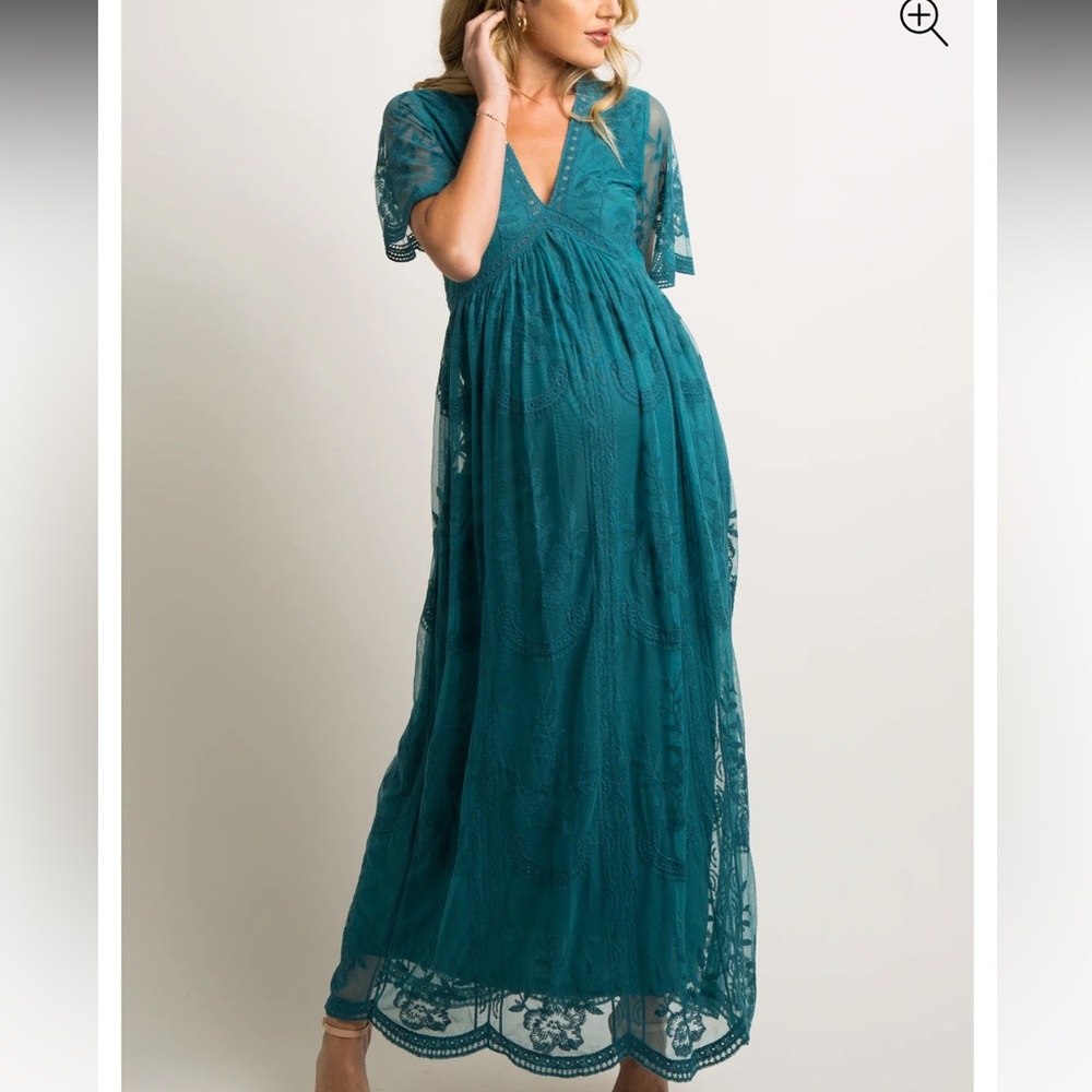 PinkBlush Teal Lace Mesh Overlay Maternity Maxi Dress